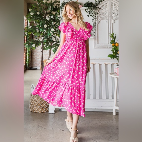 Reborn J Printed V-Neck Ruffle Trim Tiered Midi Dress - Picture 1 of 5